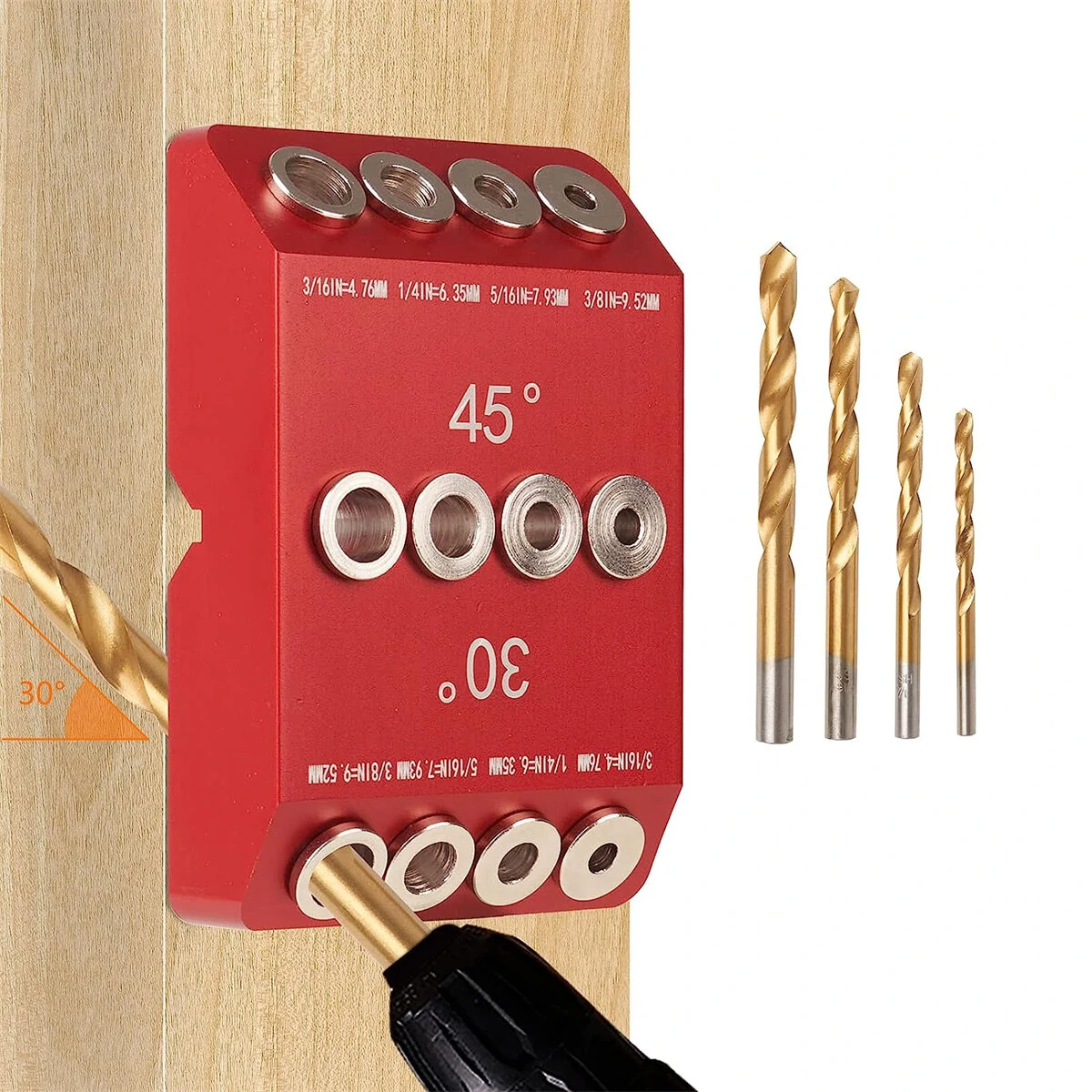 Woodworking Drill Guide Jig - 30 45 90 Degree Angle Tool with 4 Drill Bits - Image 2