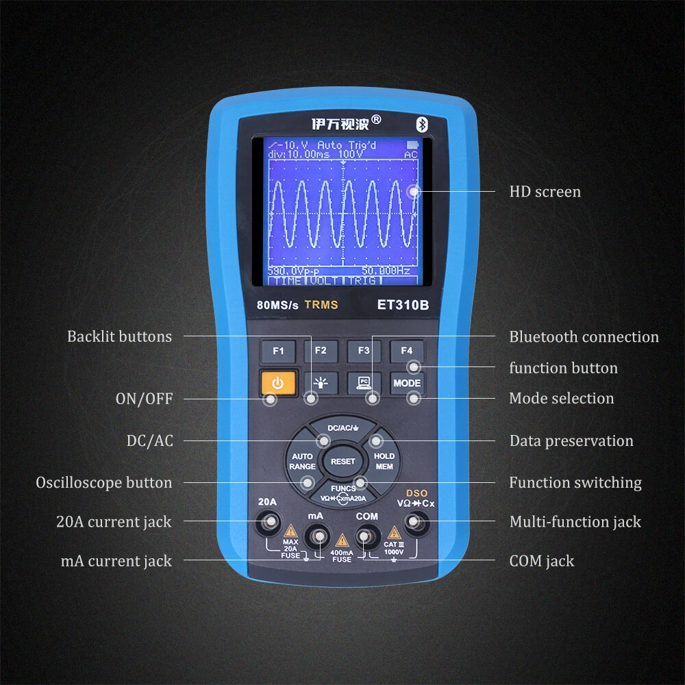 ET310B 20MHz Bluetooth Oscilloscope Multimeter | True RMS Handheld Digital - Image 4