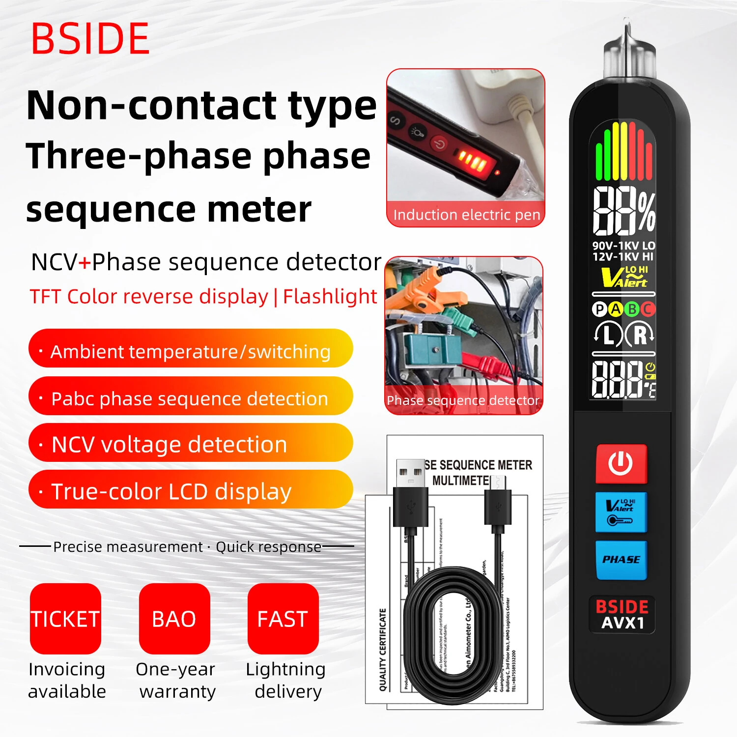 BSIDE AVX1 Non-Contact Phase Tester - Voltage & Temperature Detection - LCD Display - Rechargeable - Image 2