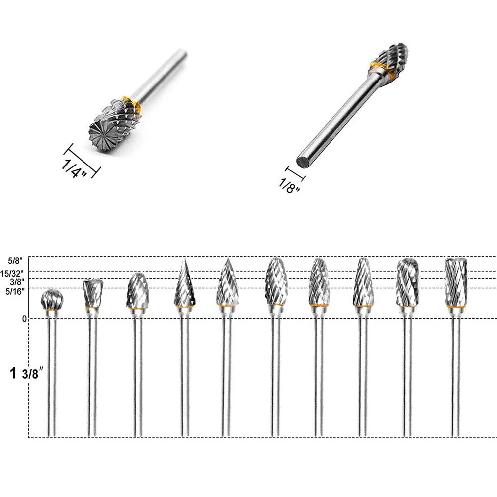 10pcs 1/8 Shank Tungsten Carbide Rotary Burr Set | Double Diamond Cutting | For Dremel & Electric Grinding Tools - Image 3