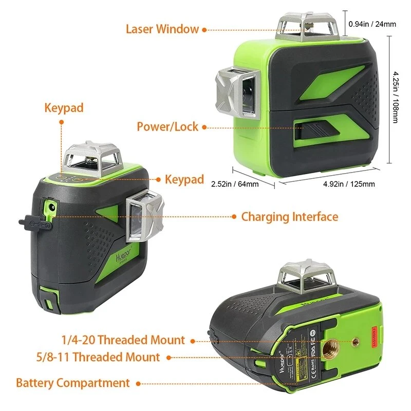 Huepar 603CG Green Beam Laser Level | 12 Lines 3D Self-Leveling | USB Rechargeable - Image 5
