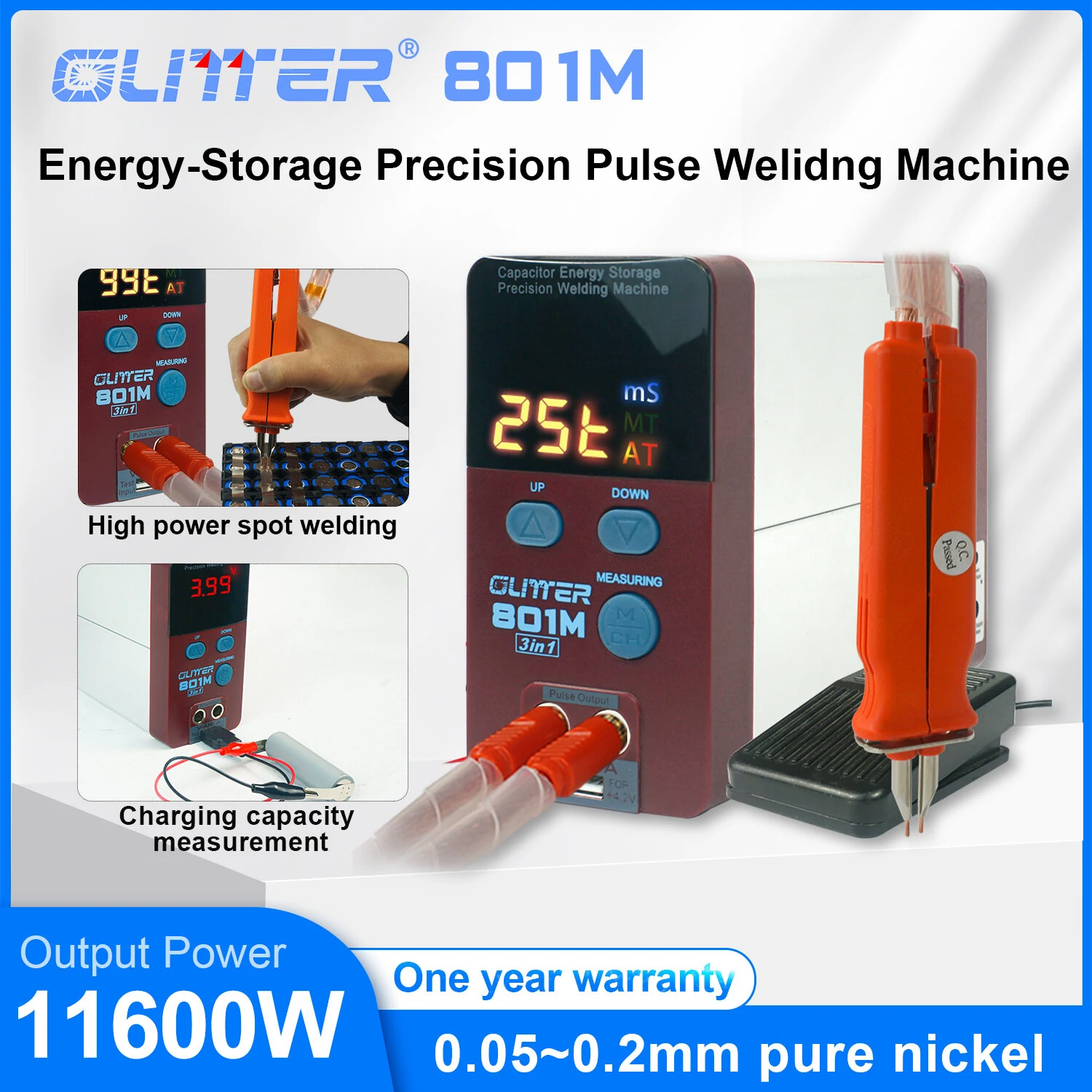 GLITTER 801M Spot Welder | 11600W Energy-Storage | Auto & Foot Pedal Modes for 0.05-0.2mm Nickel - Image 2