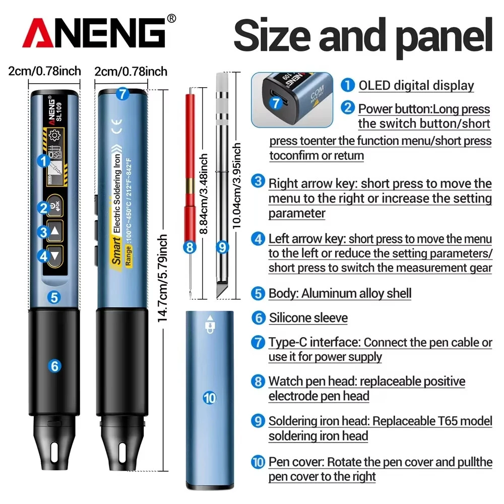 ANENG SL109 75W Soldering Iron - Adjustable 100-450°C | Type-C Fast Charging & OLED Display - Image 5