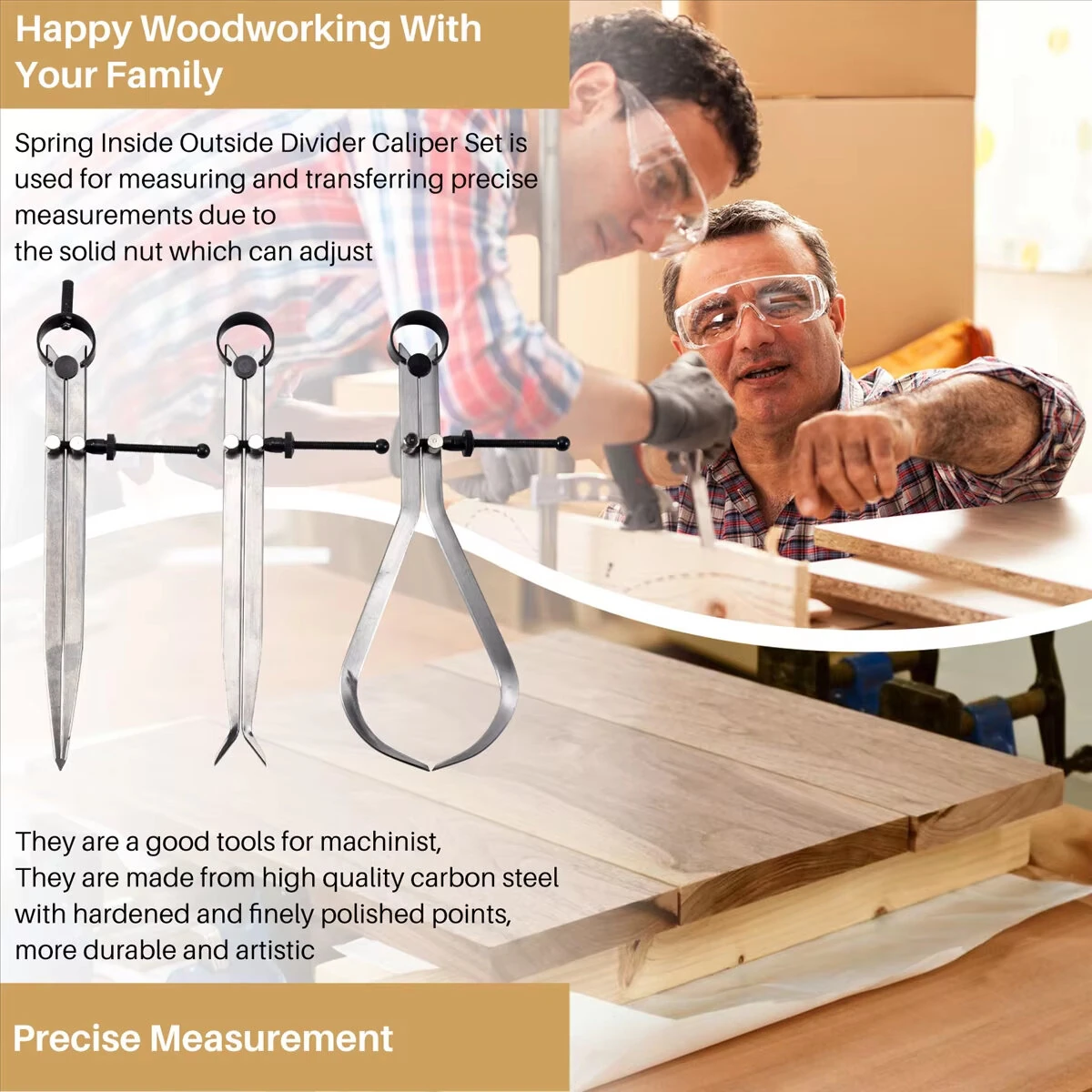 3pcs 8-Inch Spring Caliper Set | Internal Measuring Type with Flat Legs | Carbon Steel Machinist Tool - Image 3