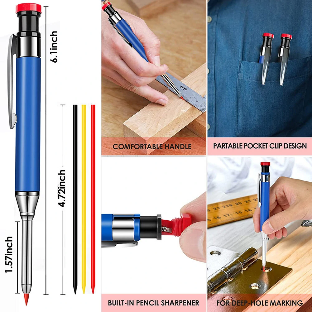 Metal Solid Carpenter Pencil Set - Deep Hole Marker with Refill Leads | Woodworking Tool - Image 4