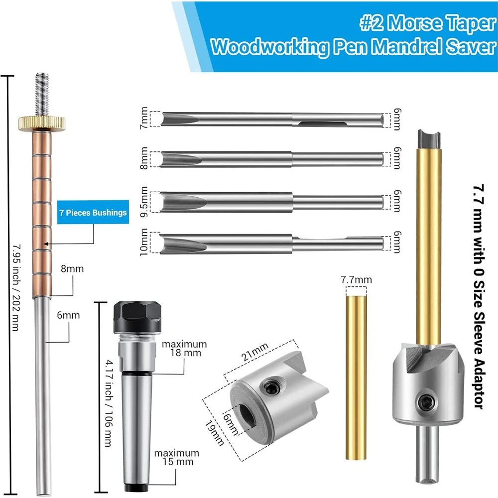 Woodworking Pen Mandrel Saver Kit | #2 Morse Taper with 7mm Drill Bit & Cutter Head - Image 2