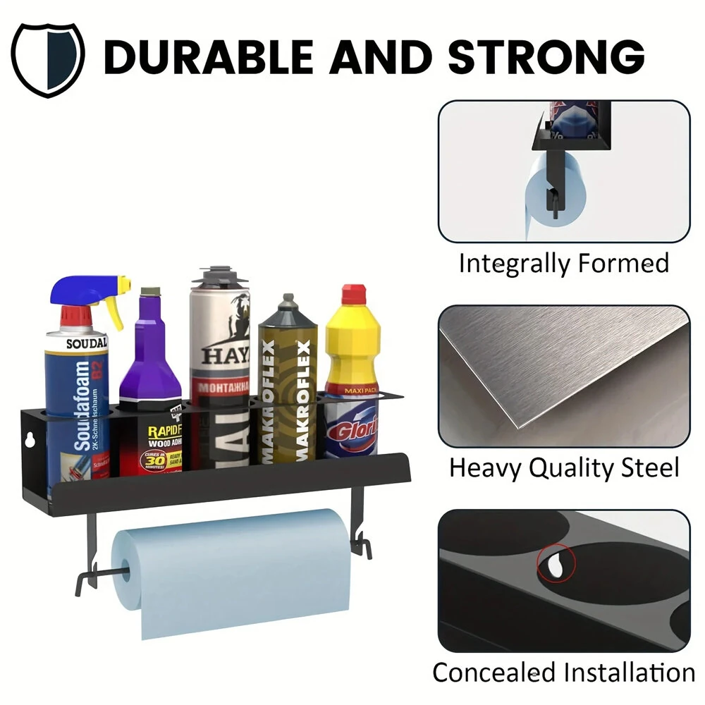 Wall-Mounted Storage Rack for 5 Spray Cans & Paper Towel Holder | Black Steel Tool Organizer - Image 4