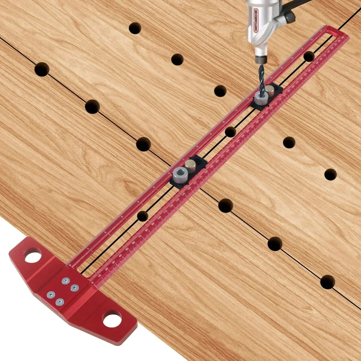 2 in 1 Woodworking Drilling Jig & Scribing Ruler | Aluminum T-Square with Metric/Inch Scale - Image 2