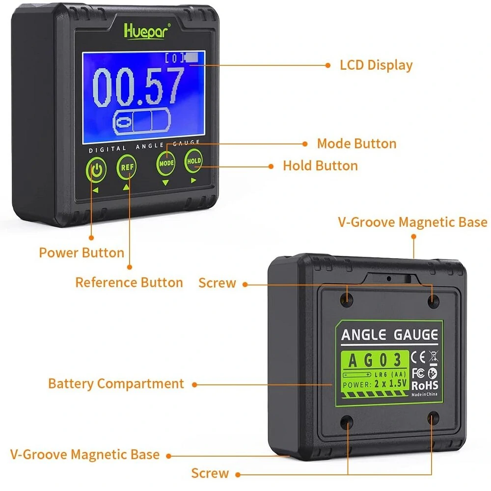 Huepar AG03 Digital Angle Gauge | Dual Axis Level Box with Magnetic Base & LCD - Image 2