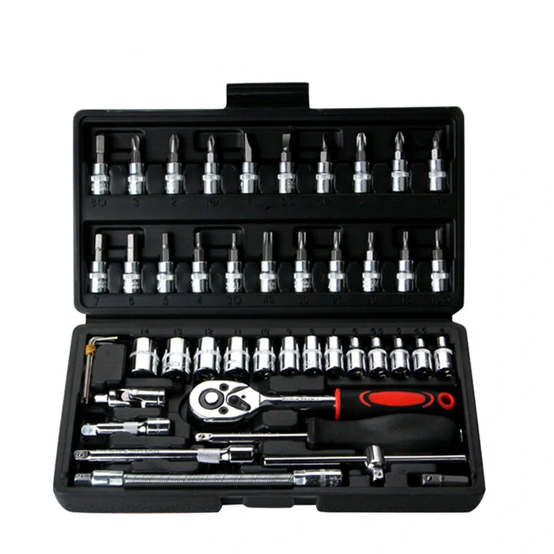 Chrome Vanadium Steel Socket Tool Set - 46-Piece Auto Repair Kit | Black/Red - Image 2