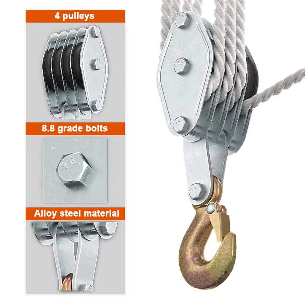270 Degree Rotatable Rope Pulley Block | Zinc Alloy Hook & Heavy Duty Polyethylene Rope | Manual Lifting Hoist - Image 3
