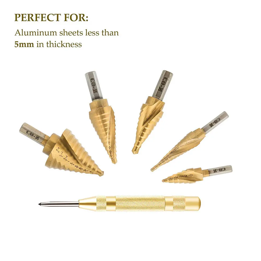 Drillpro 6Pcs Titanium Step Drill Bit Set | 1/8 to 1-3/8 Inch | with Punch & Case - Image 2