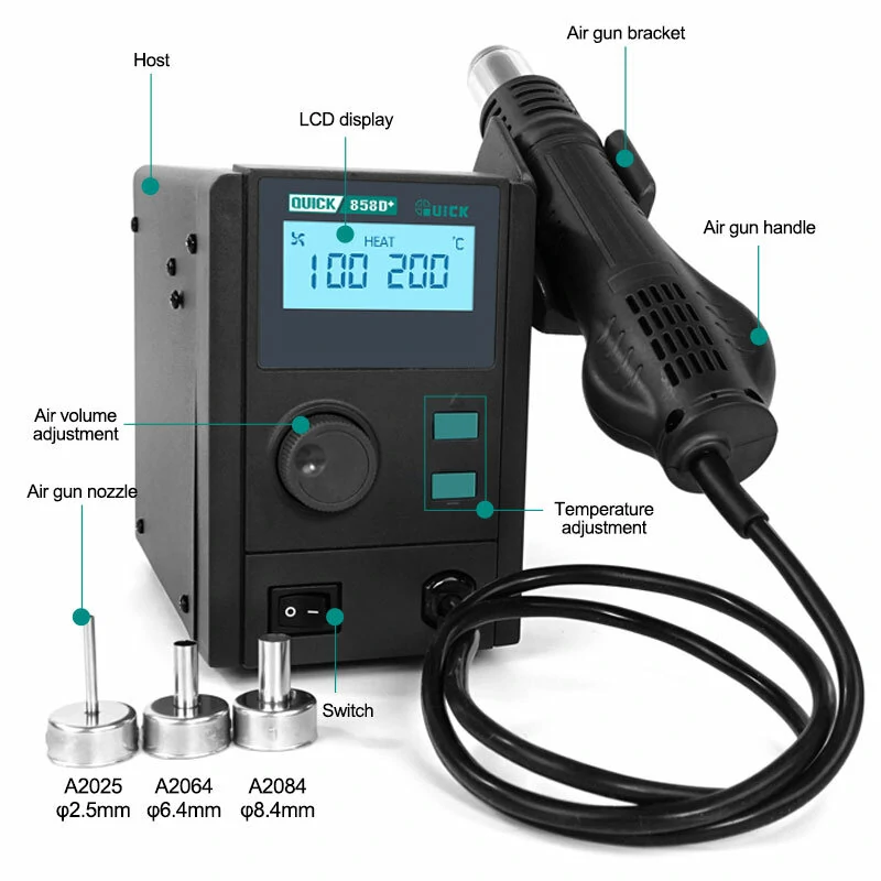 QUICK 858D+ 750W Soldering Station | Hot Air Gun BGA Rework | LED Display - Image 5