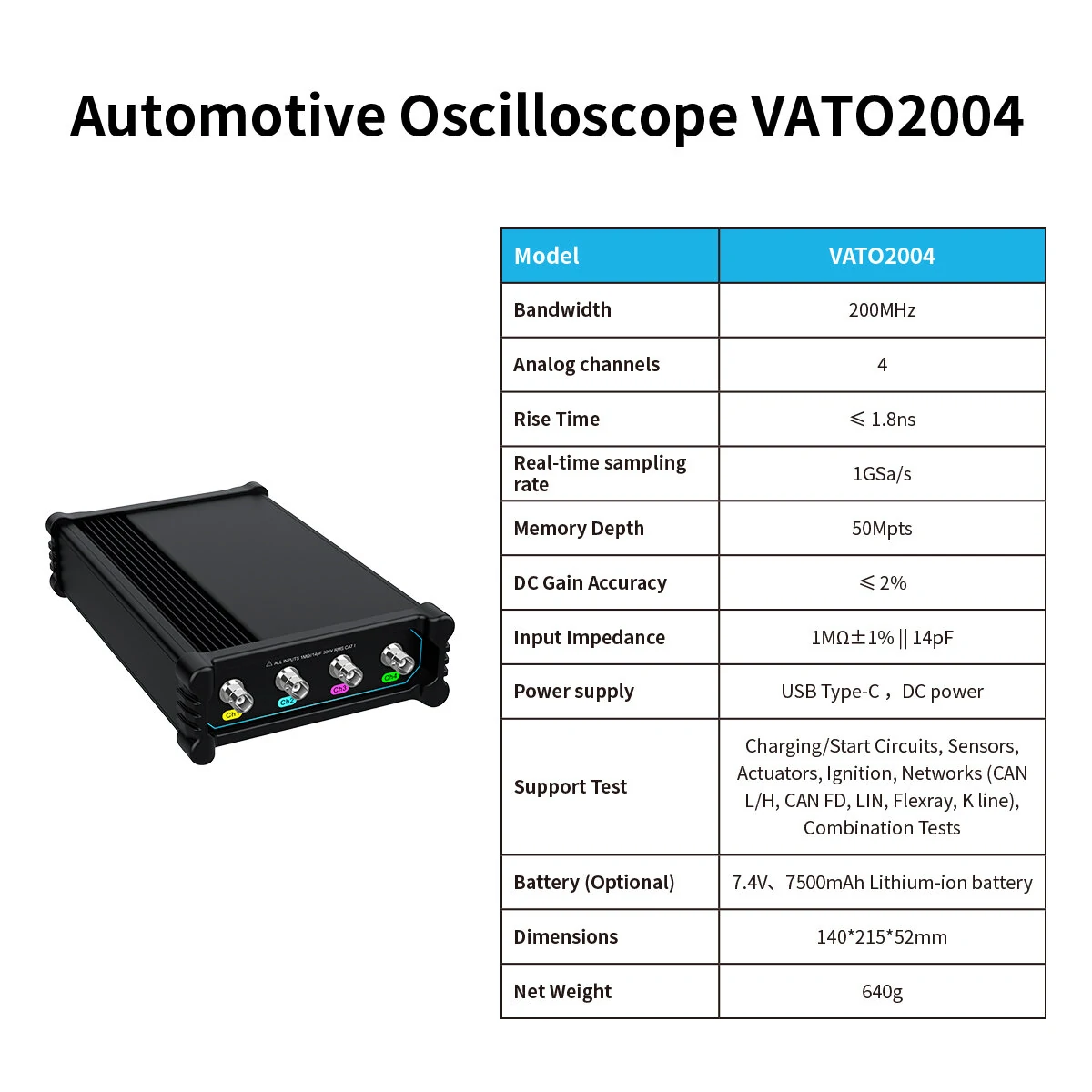 Micsig VATO2004 200MHz 4-Channel Automotive Oscilloscope | 1GSa/s Portable - Image 2