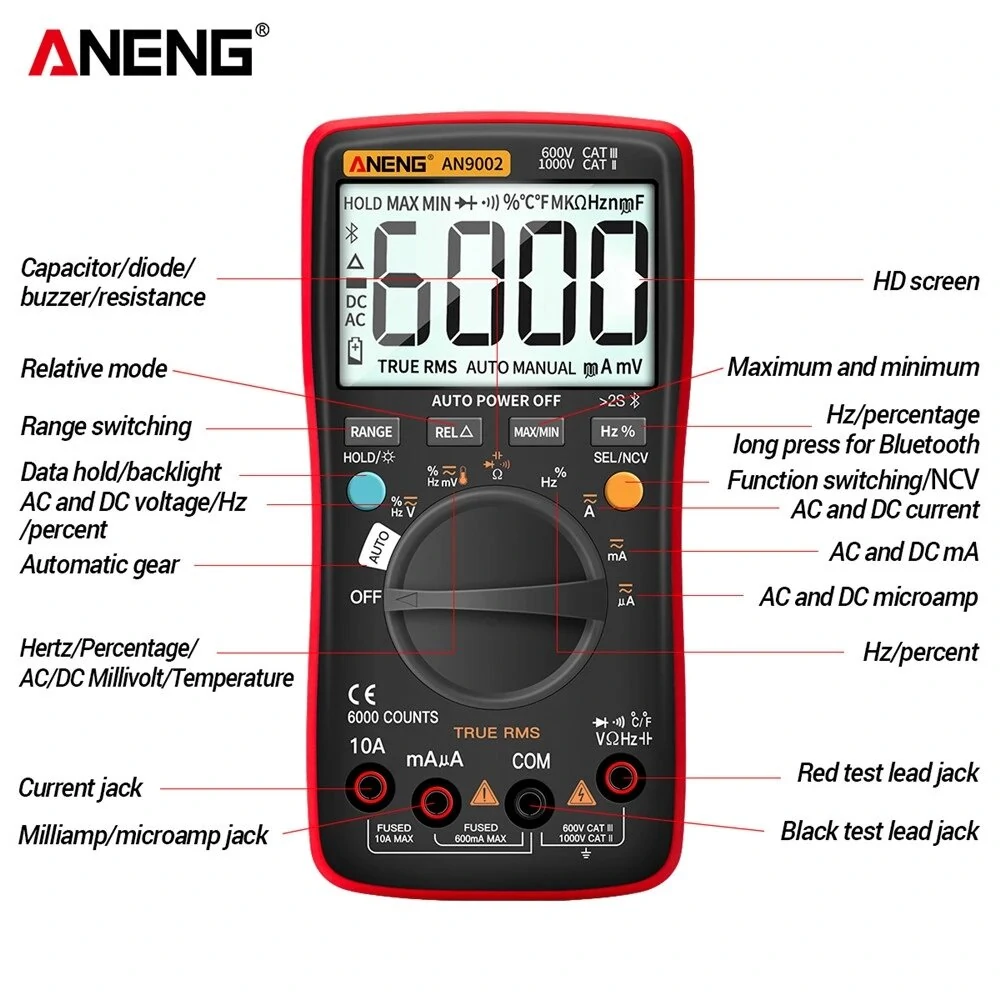 ANENG AN9002 Bluetooth Multimeter | 6000 Count True RMS Auto-Range Tester - Image 4