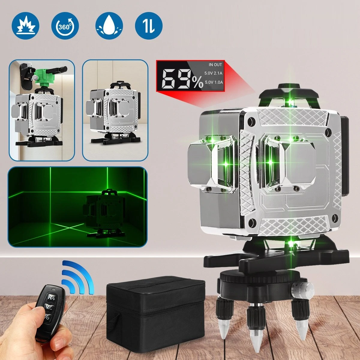 4D Green Laser Level - Self-Leveling 360 Rotary Cross Line - 12/16 Lines - Image 2