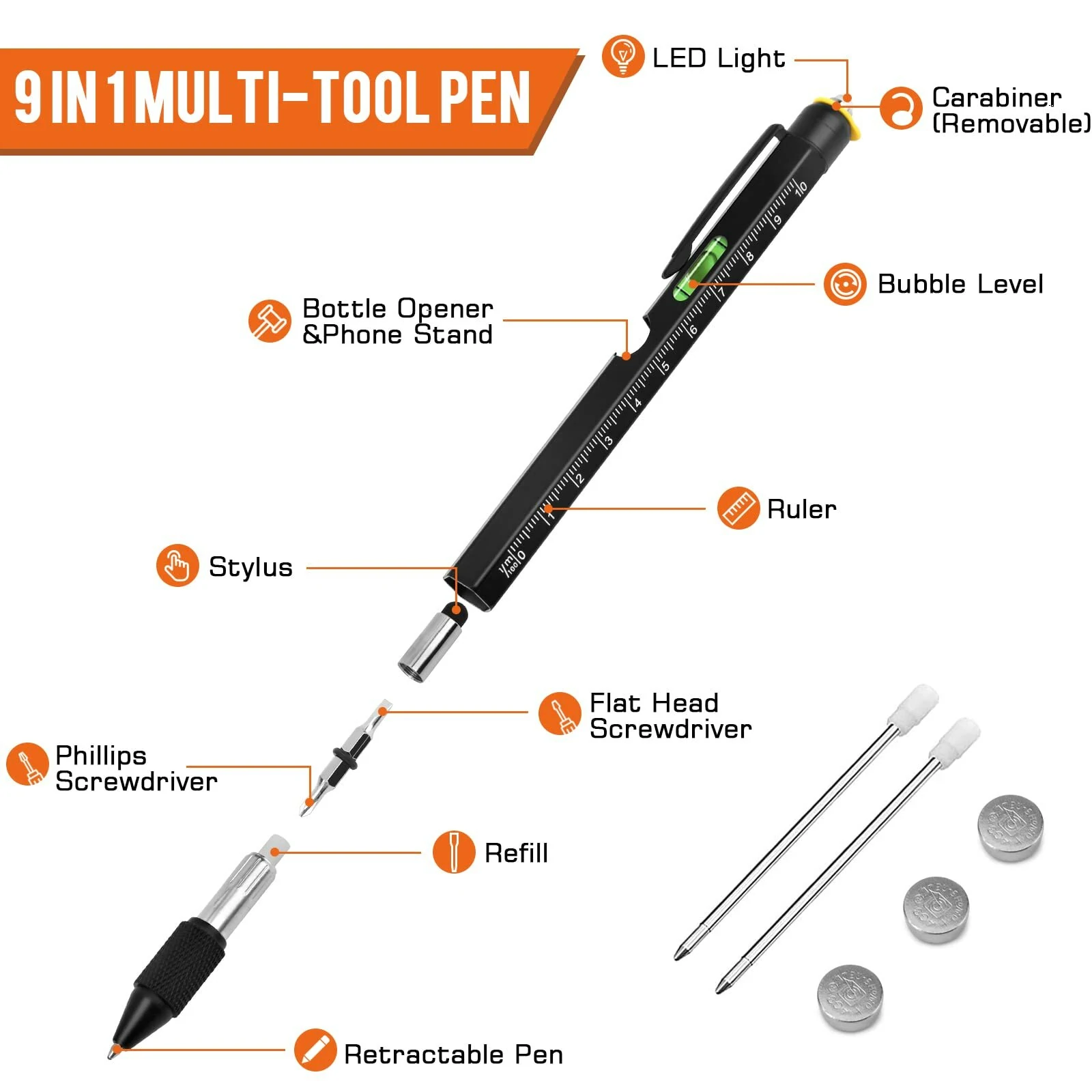 9-in-1 Multi-Tool Stylus Pen - Aluminum with LED Light, Screwdrivers & Bottle Opener - Image 4