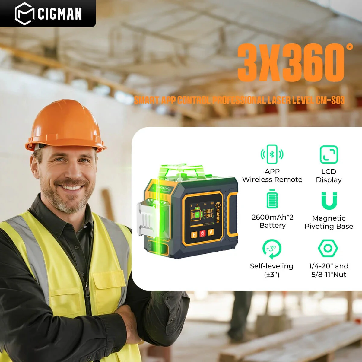 CIGMAN CM-S03 Laser Level - 12 Green Lines 3x360° - Self-Leveling IP54 - Image 2