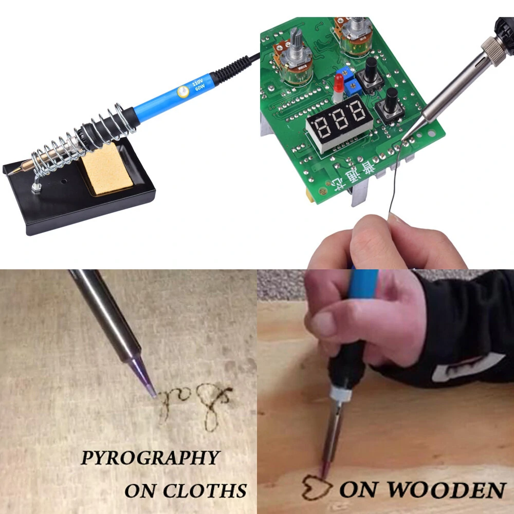 HANDSKIT 60W Adjustable Temperature Electric Soldering Iron Kit - 5 Tips & Tweezers - Image 4