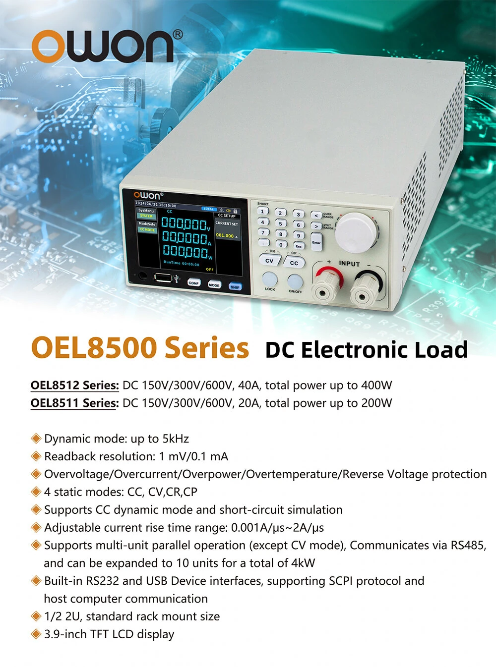 OWON OEL8511 DC Electronic Load - 150V 40A 400W High Precision | LCD Display - Image 3