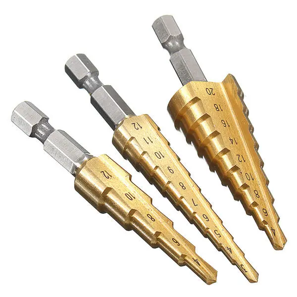 HSS Titanium Step Drill Bit Set - 3pcs 3-12/4-42/4-20mm | Cone Hole Cutter - Image 2