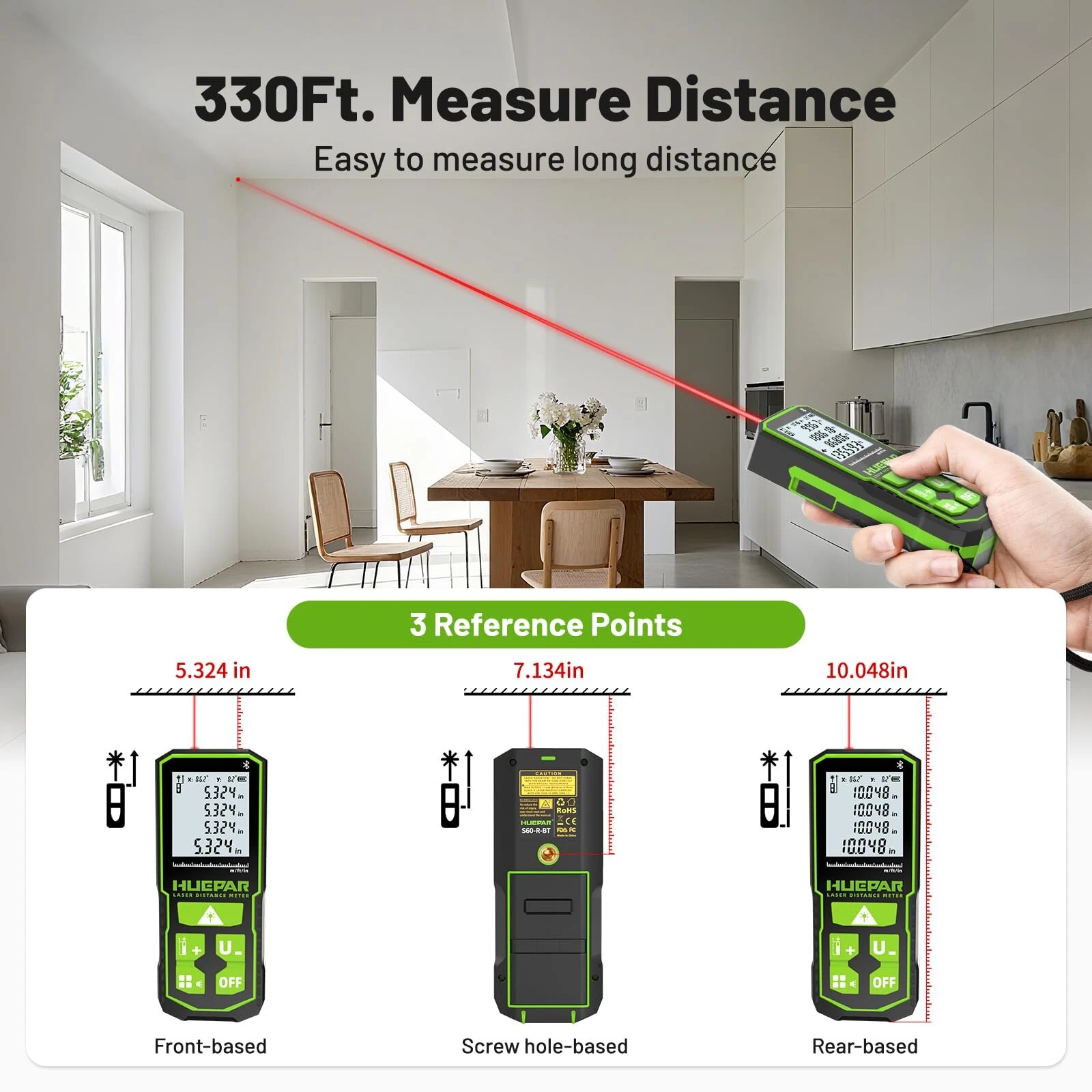 Huepar S60/S100/S120 Laser Distance Meter | Green Beam 60M-120M | Rechargeable with Angle Sensor - Image 4