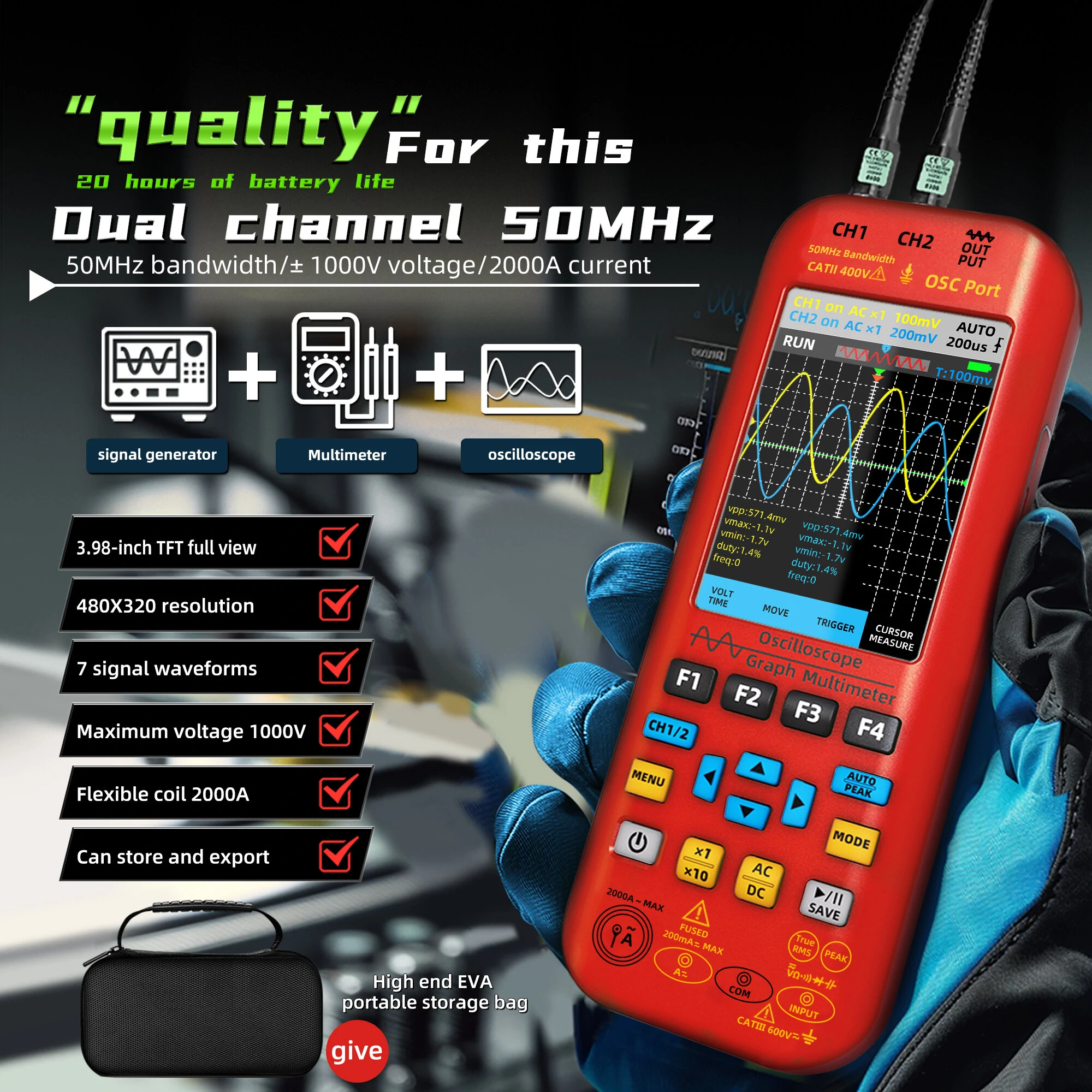 BSIDE O9 Handheld Oscilloscope - 2x50MHz Dual Channel | 3.98 TFT Display | 250MSa/s with Waveform Save - Image 2