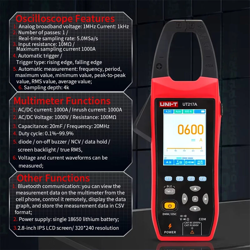 UNI-T UT217A 2-in-1 Oscilloscope Clamp Meter | 1000A 1000V True RMS | Bluetooth & NCV - Image 5