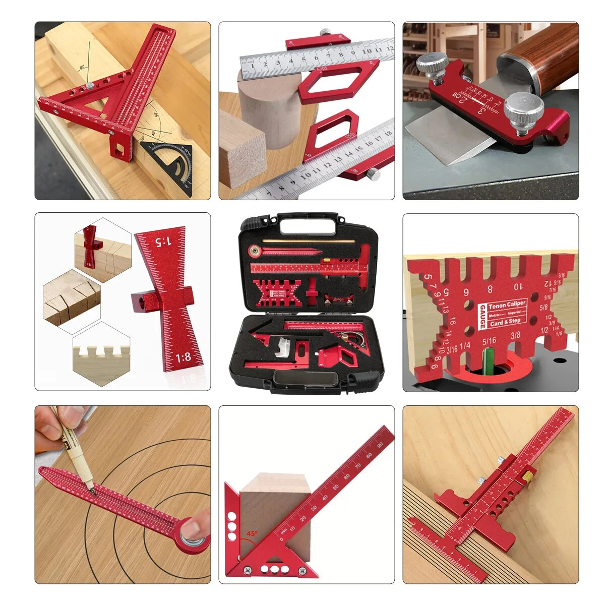 9Pcs Woodworking Square Kit - Aluminum Alloy CNC Tools & Ruler Set | Precision Layout - Image 4