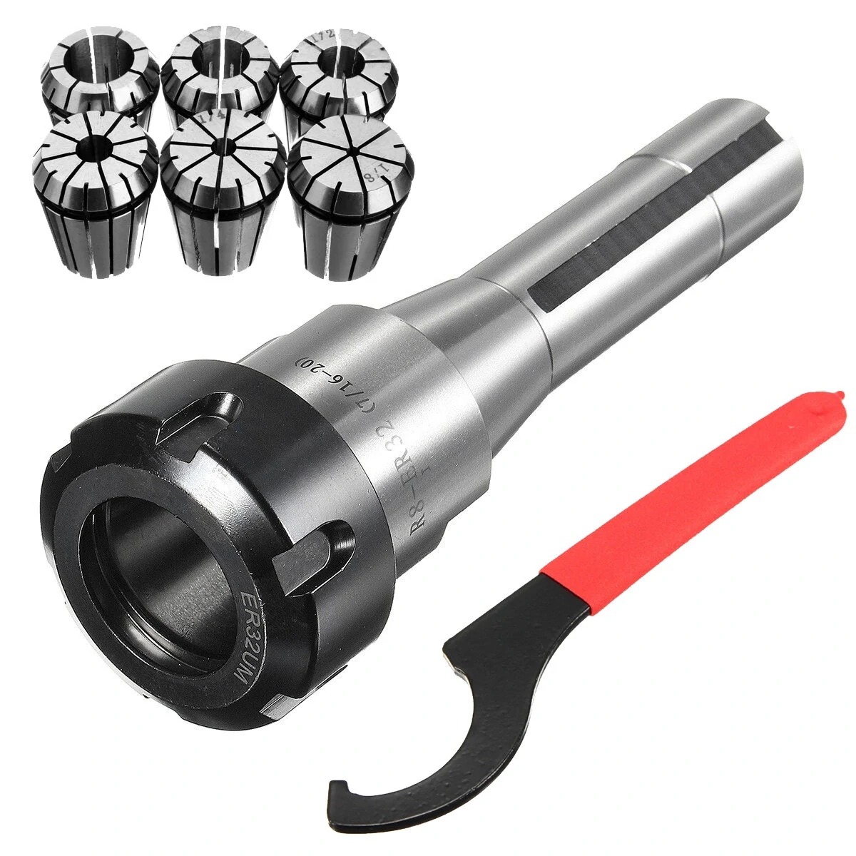R8 ER32 7/16 Collet Chuck Holder with 6pc Spring Collet Set | CNC Milling Tool