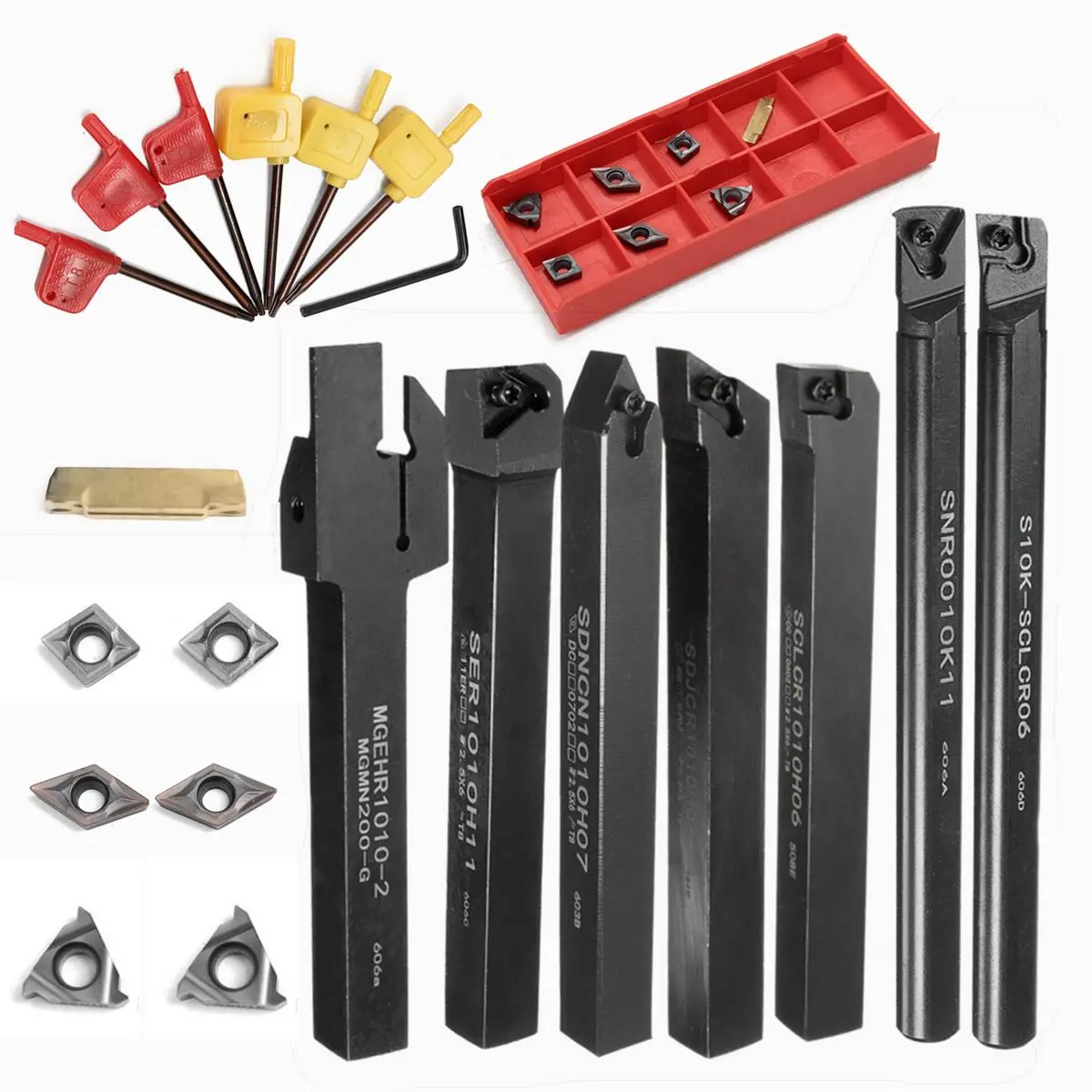 7pcs 10mm Shank Lathe Boring Bar Set - VP15TF Carbide Inserts Included