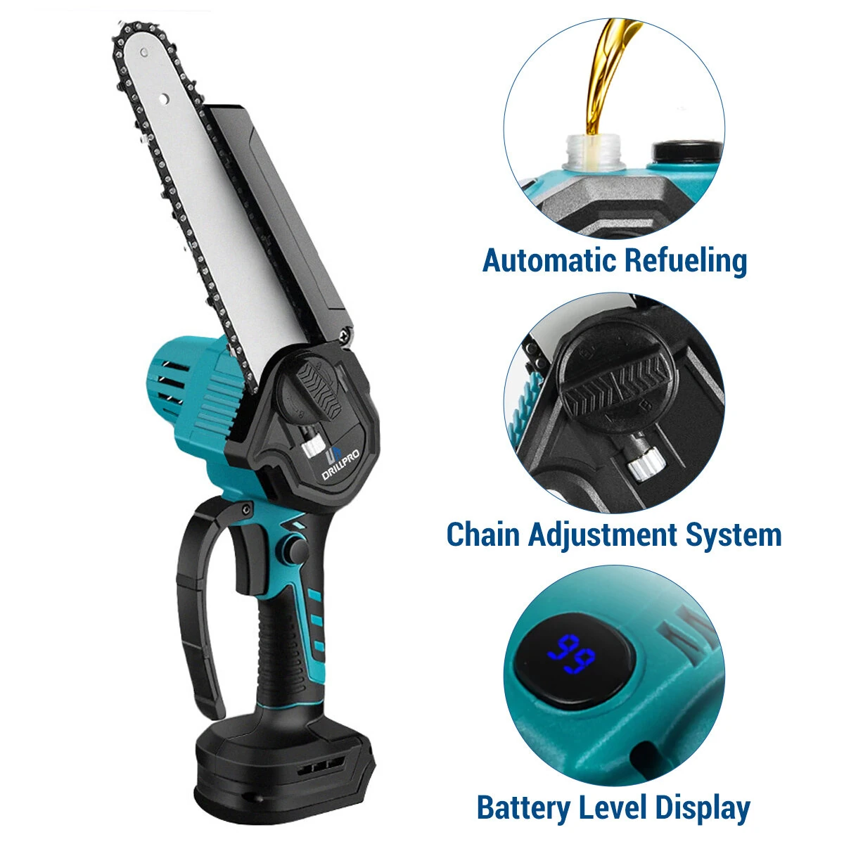 Drillpro 8-Inch Cordless Brushless Chainsaw - Fast-Cutting for Garden Pruning | Makita 18V