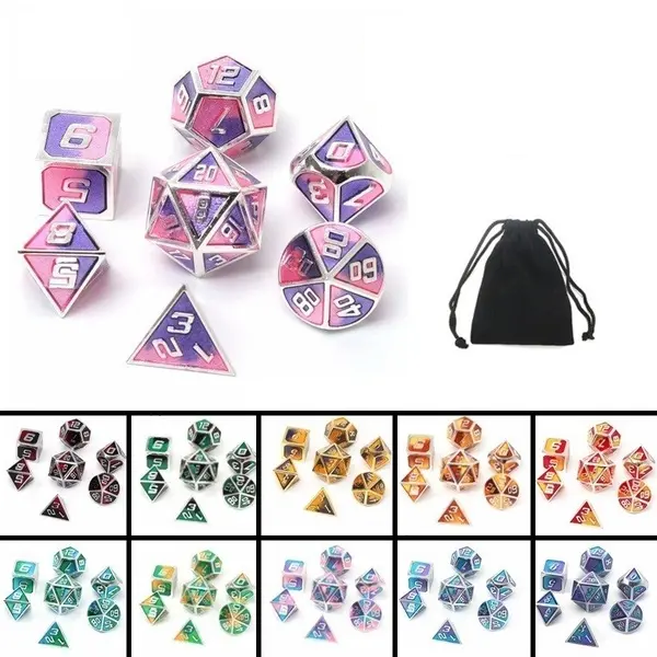 Metal Polyhedral Dice Set - 7Pcs Mixed Color RPG DND Dice with Velvet Bag | Zinc Alloy