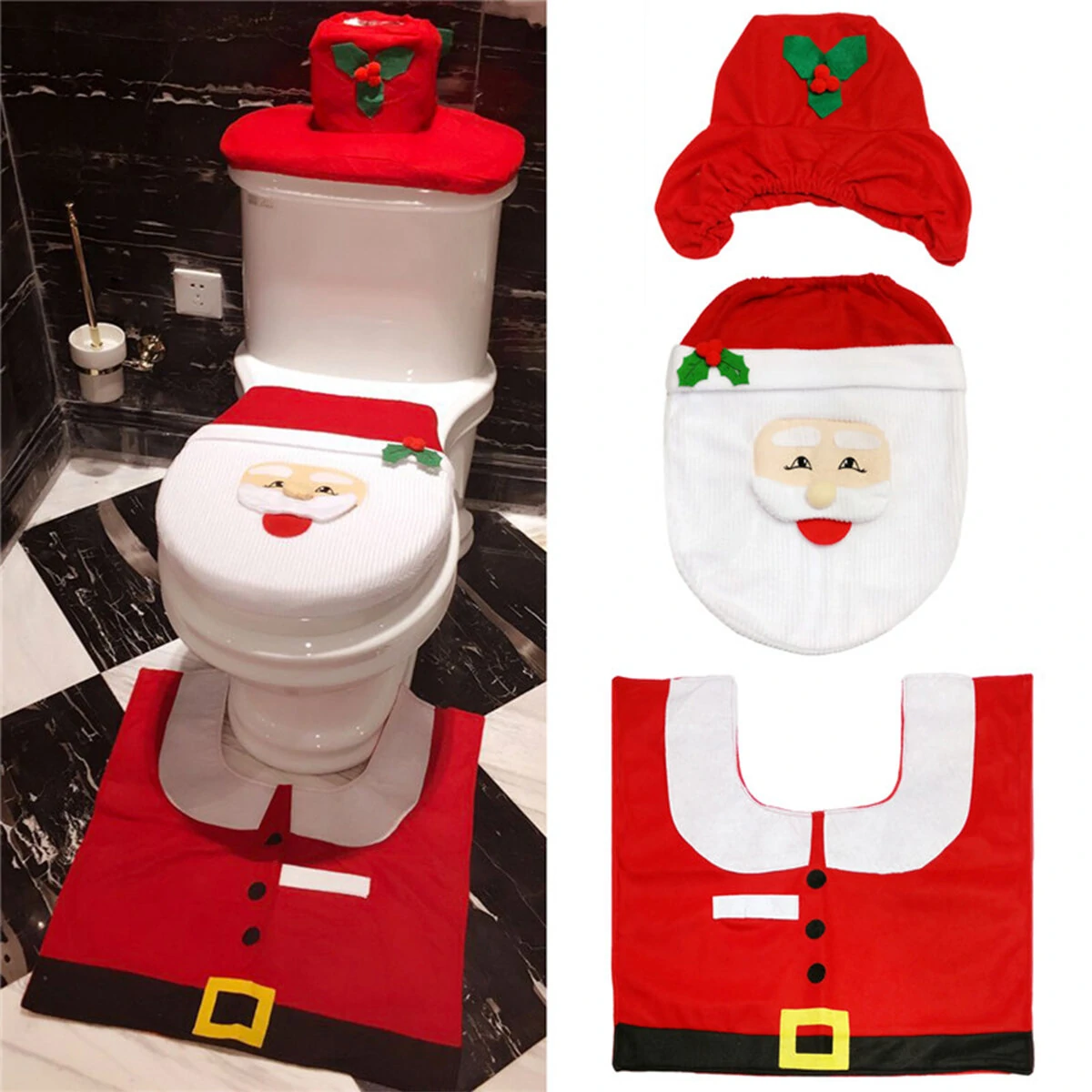 Christmas Santa Toilet Seat Cover & Bath Mat Set - 3pc Bathroom Rug Floor Mat