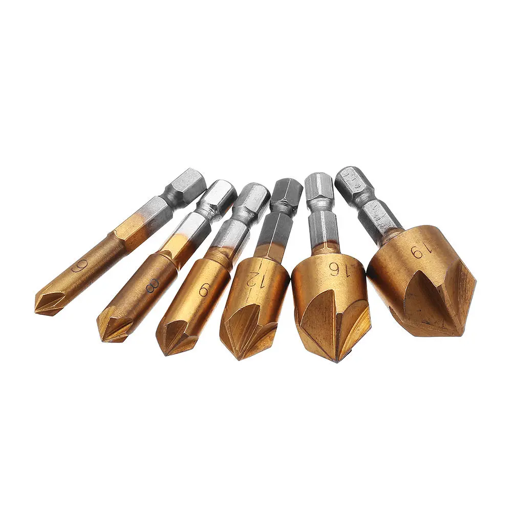 Drillpro 6-19mm Titanium Chamfer Cutter | 5 Flute 82° Countersink Drill Bit Set