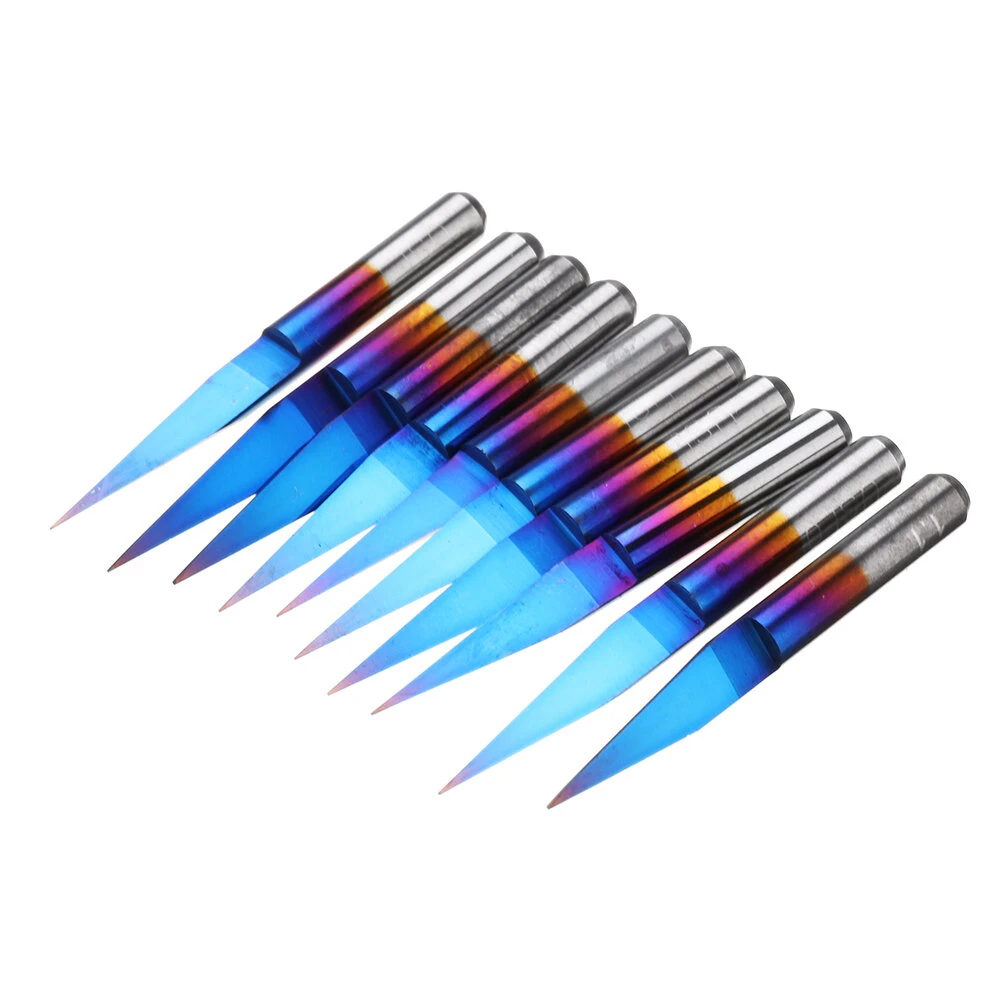 Drillpro 10pcs Nano Coated Carbide Engraving Bits - 0.1-0.3mm 15 Degree Flat Bottom - PCB CNC Router Tool