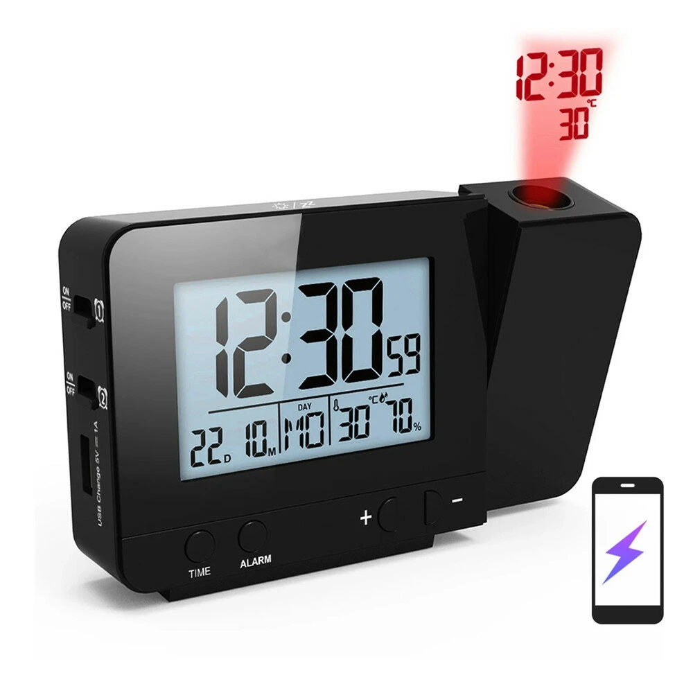 Projection Alarm Clock with Thermometer Hygrometer - Dimmable LED Display USB Charger