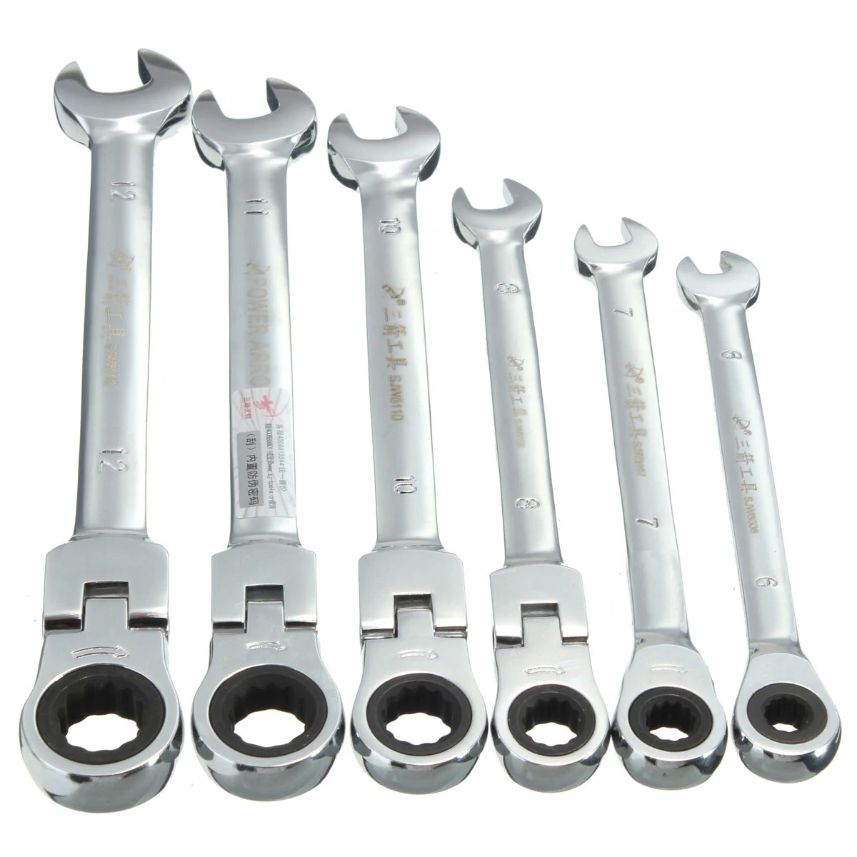 DANIU Flexible Head Ratchet Wrench - Metric 6-Size Set - Pivoting Garage Tool