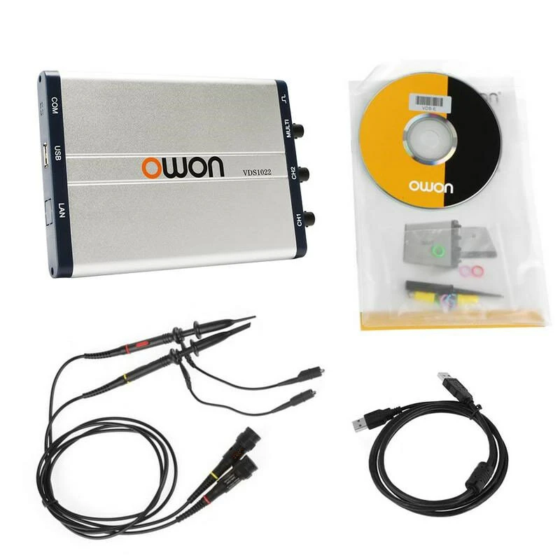 OWON VDS1022 USB Oscilloscope - 100MSa/s 25MHz Dual-Channel with Probe & Tools