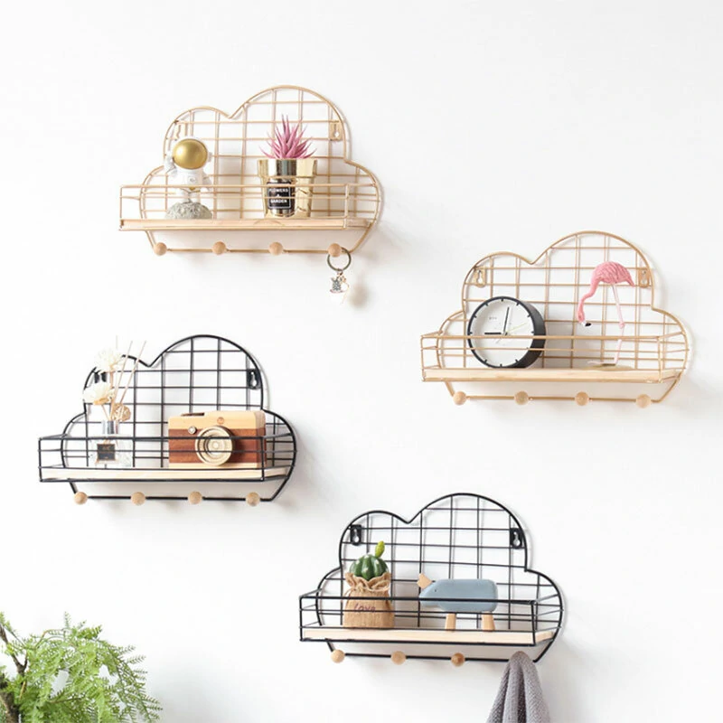 Wall Mounted Shelf Metal Wire Rack - Storage Unit With Hooks & Key Basket