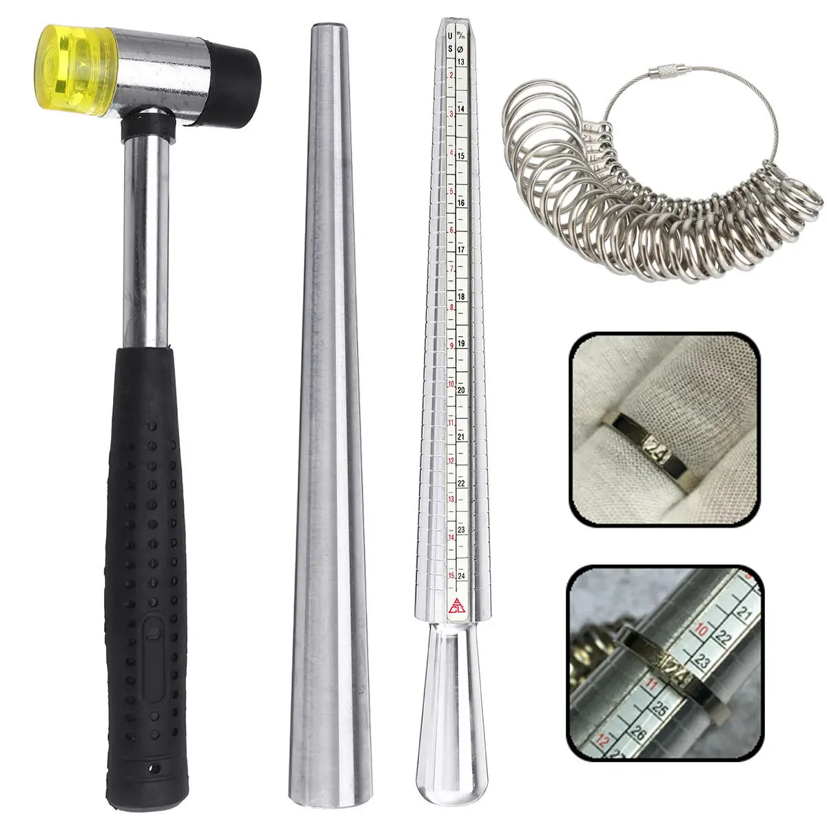 Ring Sizer Mandrel Kit with Jewelers Hammer & Gauge | Ring Sizing Tools