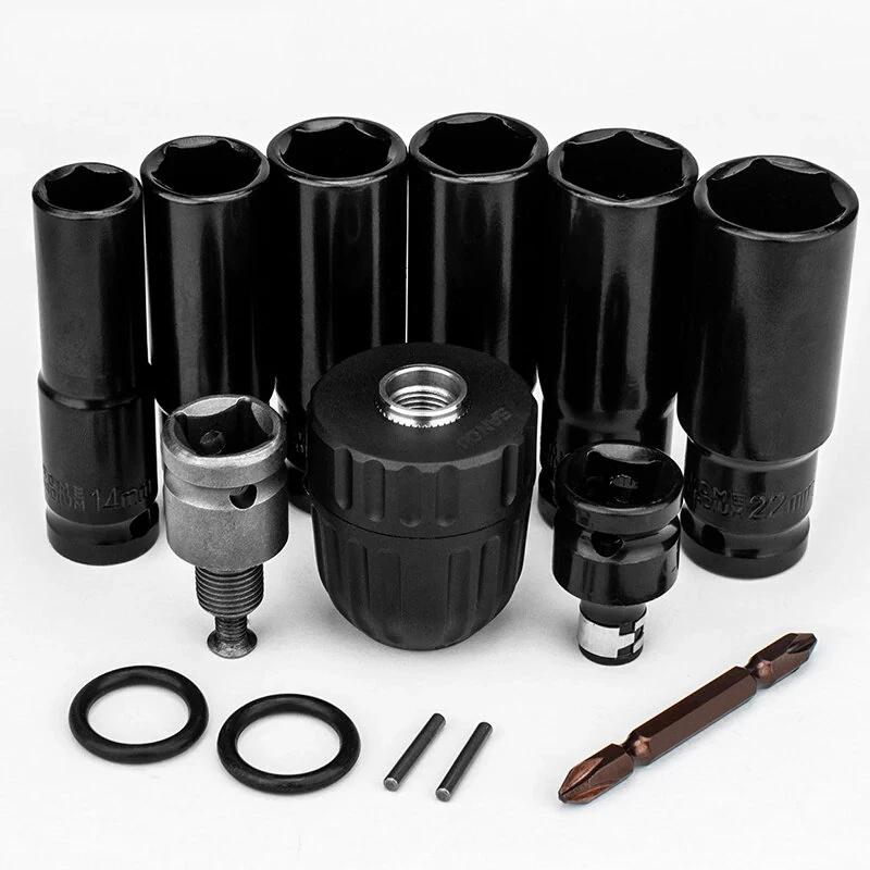 14PCS Electric Impact Wrench Hex Socket Adapter Kit | Metal Silver Black | High Hardness & Wide Compatibility