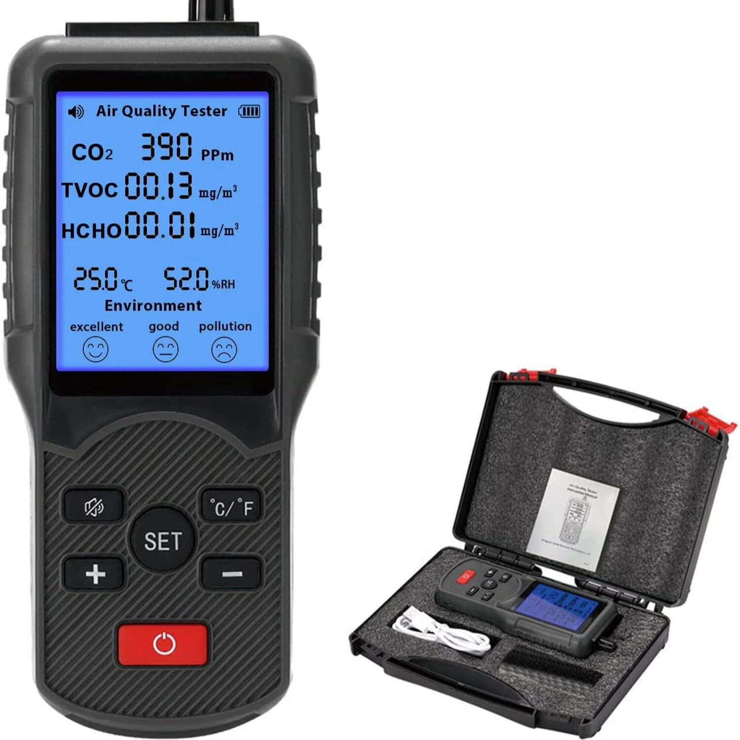 JEDEW JD-3002 Air Quality Detector - CO2 HCHO TVOC Monitor | Temp & Humidity