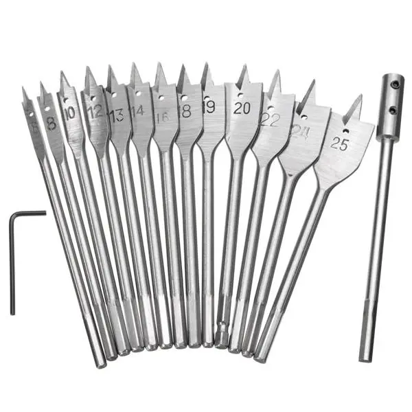 13pcs 6-25mm Wood Spade Drill Bits | 1/4 Inch Hex Shank with Extension Rod