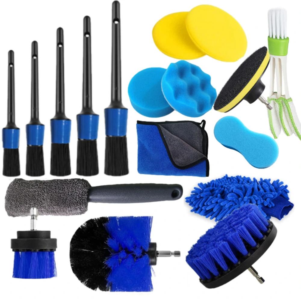 Car Wash Tools Set 18pcs - with Drill Brush, Wash Glove & Tire Brush