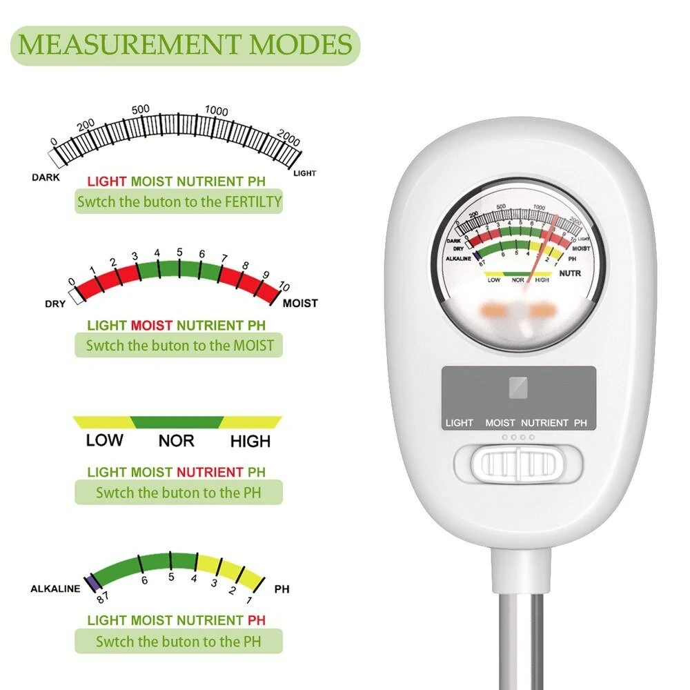 4-in-1 Soil Tester - Moisture, Light, Nutrient & pH Detection | Adjustable Angle for Indoor Plants & Gardening