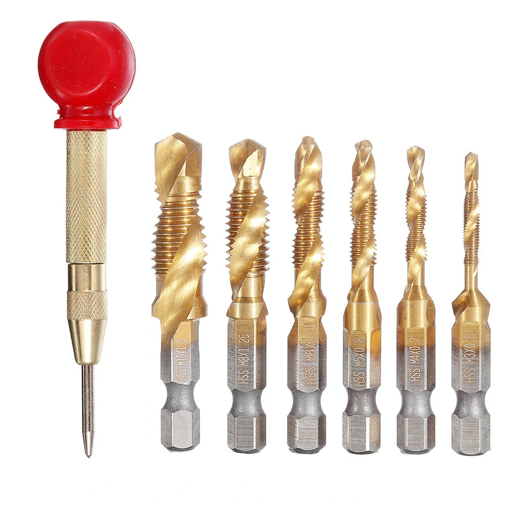 7Pcs HSS Titanium Drill Bit Set | M3-M10 Tap & Deburr Bits with Center Punch