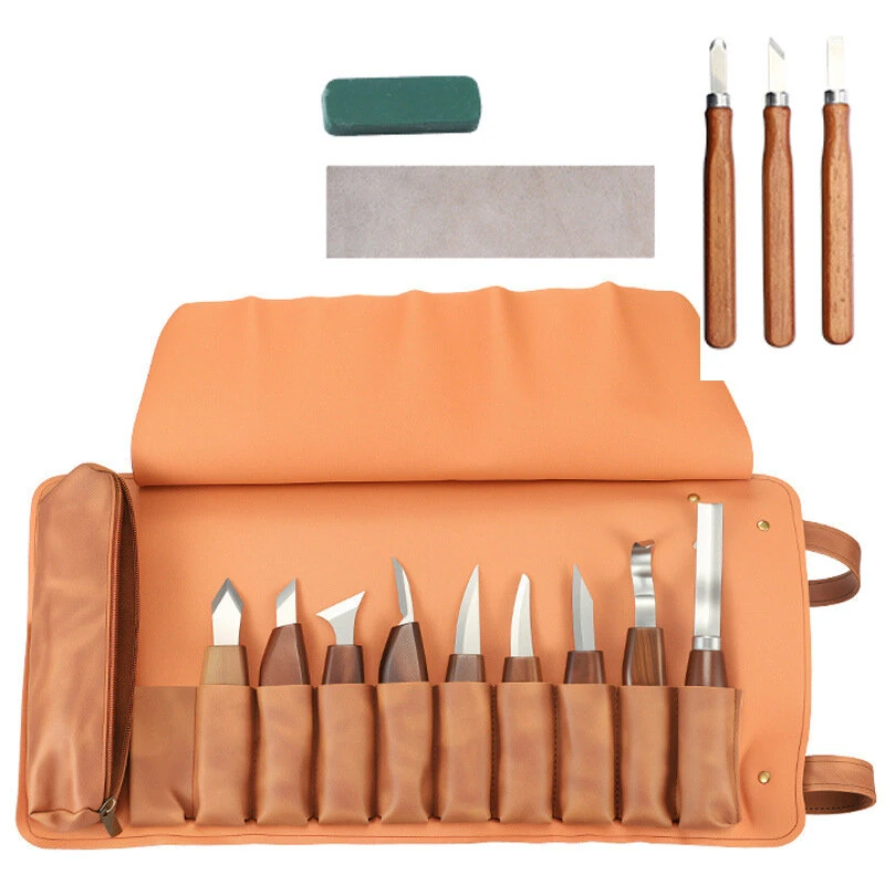 Carving Knife Set 12PCS - Wood Handle Carbon Steel Blades with Leather Roll & Sharpening Kit