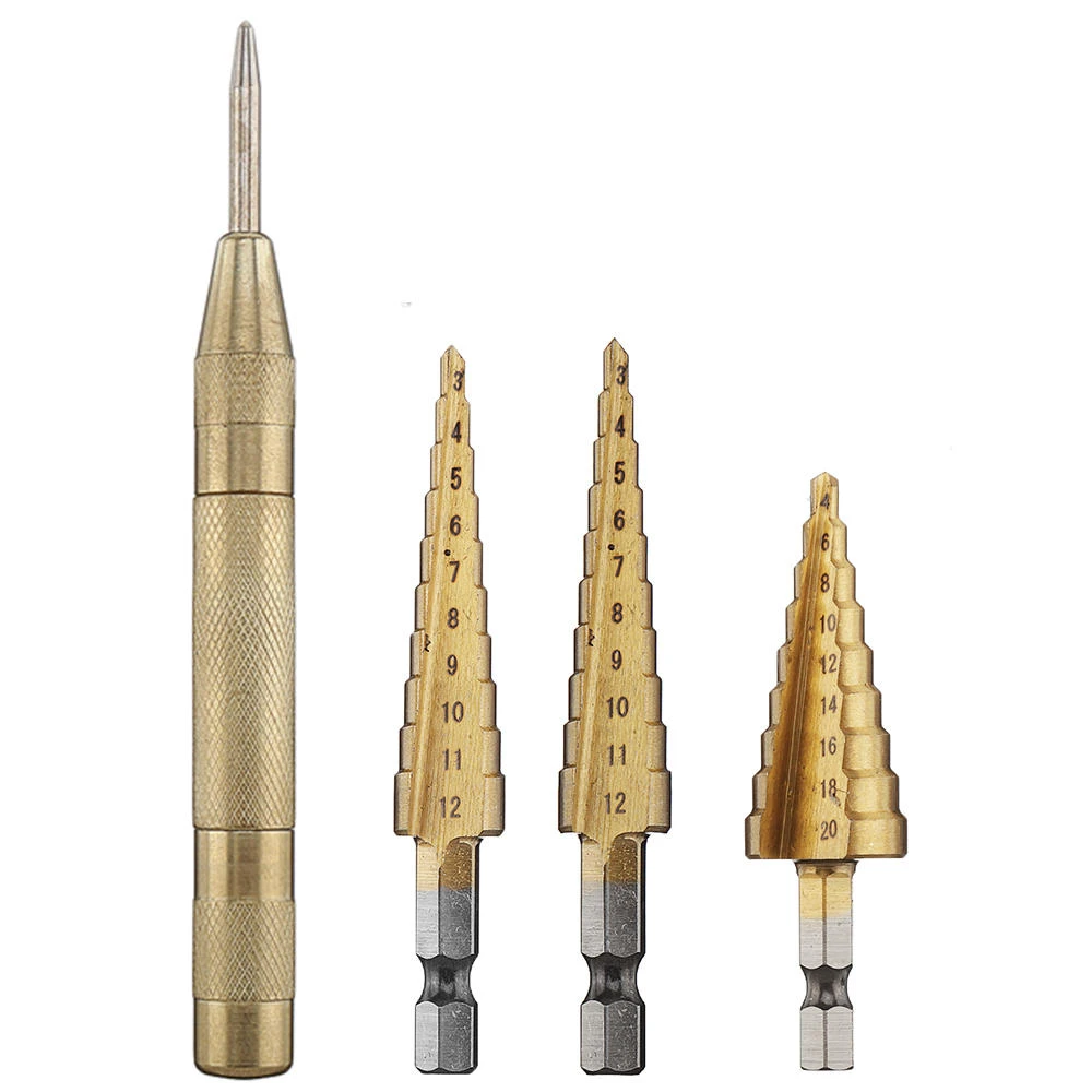 Drillpro 4pcs HSS Titanium Step Drill Bit Set - 3-20mm with Center Punch