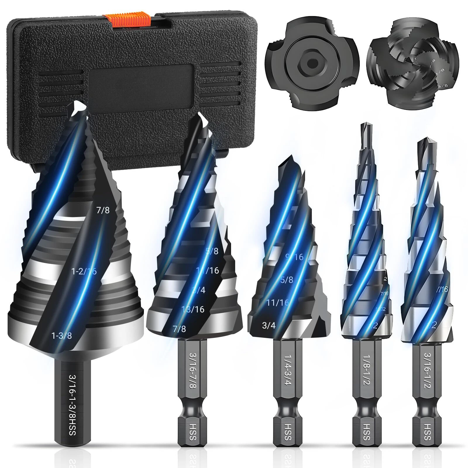 HSS Spiral Step Drill Bit Set - 5pcs 1/8 to 1-3/8 Inch | Four Flute Hex Shank